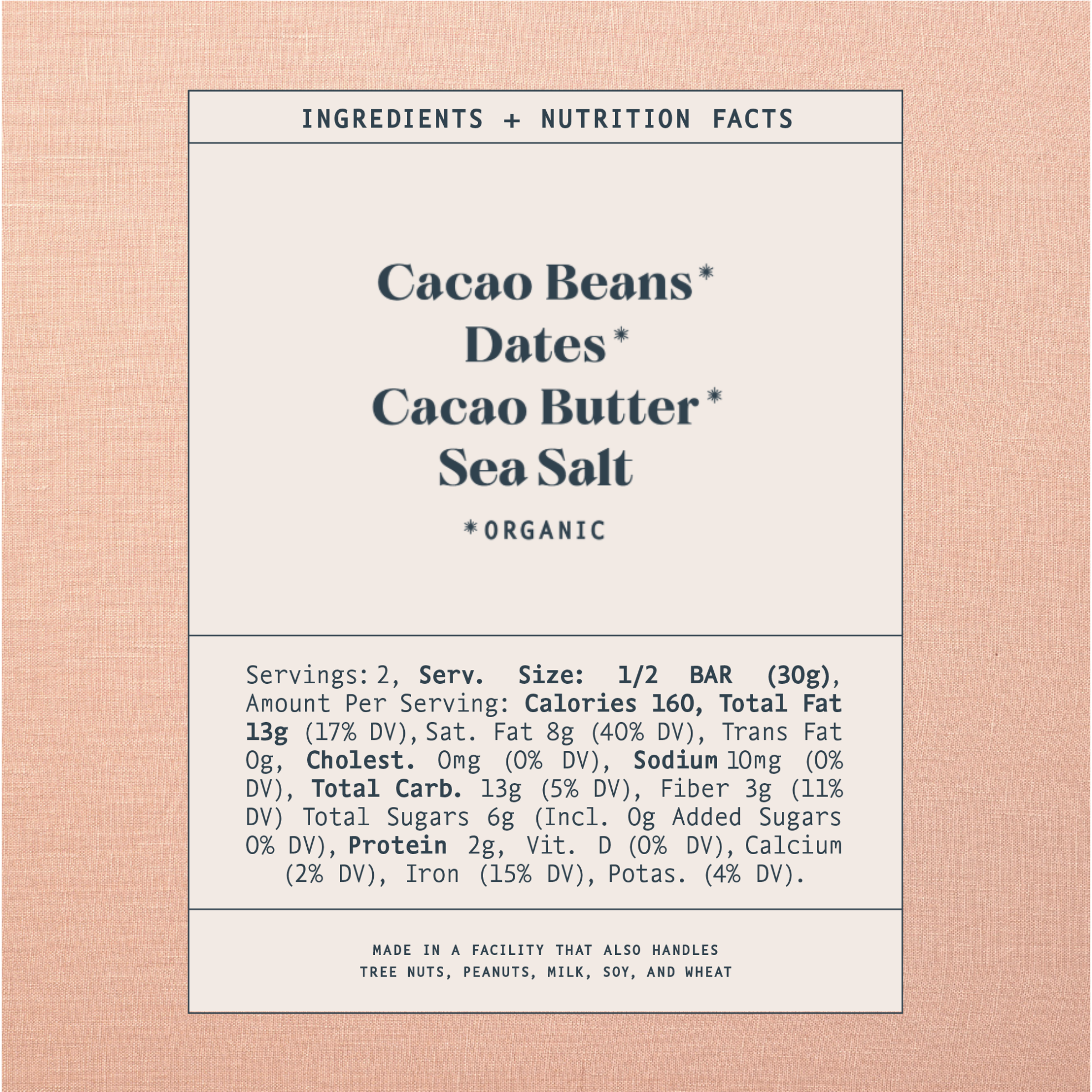 A nutritional label for Spring & Mulberry Sea Salt chocolate bar including ingredients, servings, and allergens is laid out on a peach background.