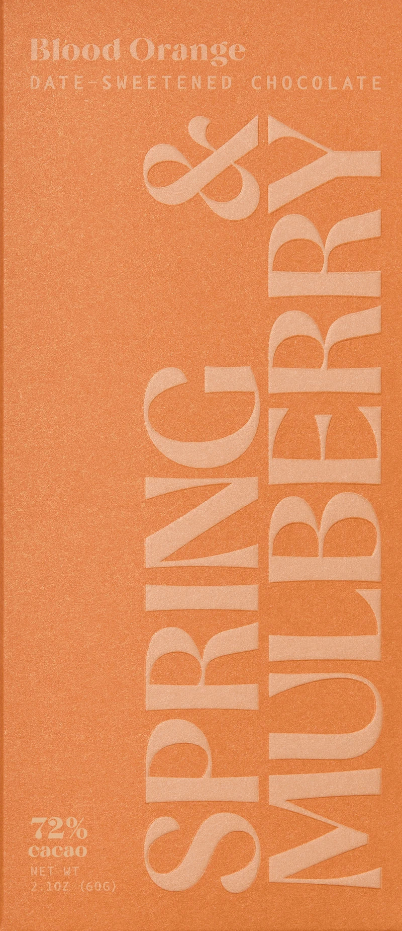Spring & Mulberry Blood Orange 72% cacao dark chocolate bar in orange packaging