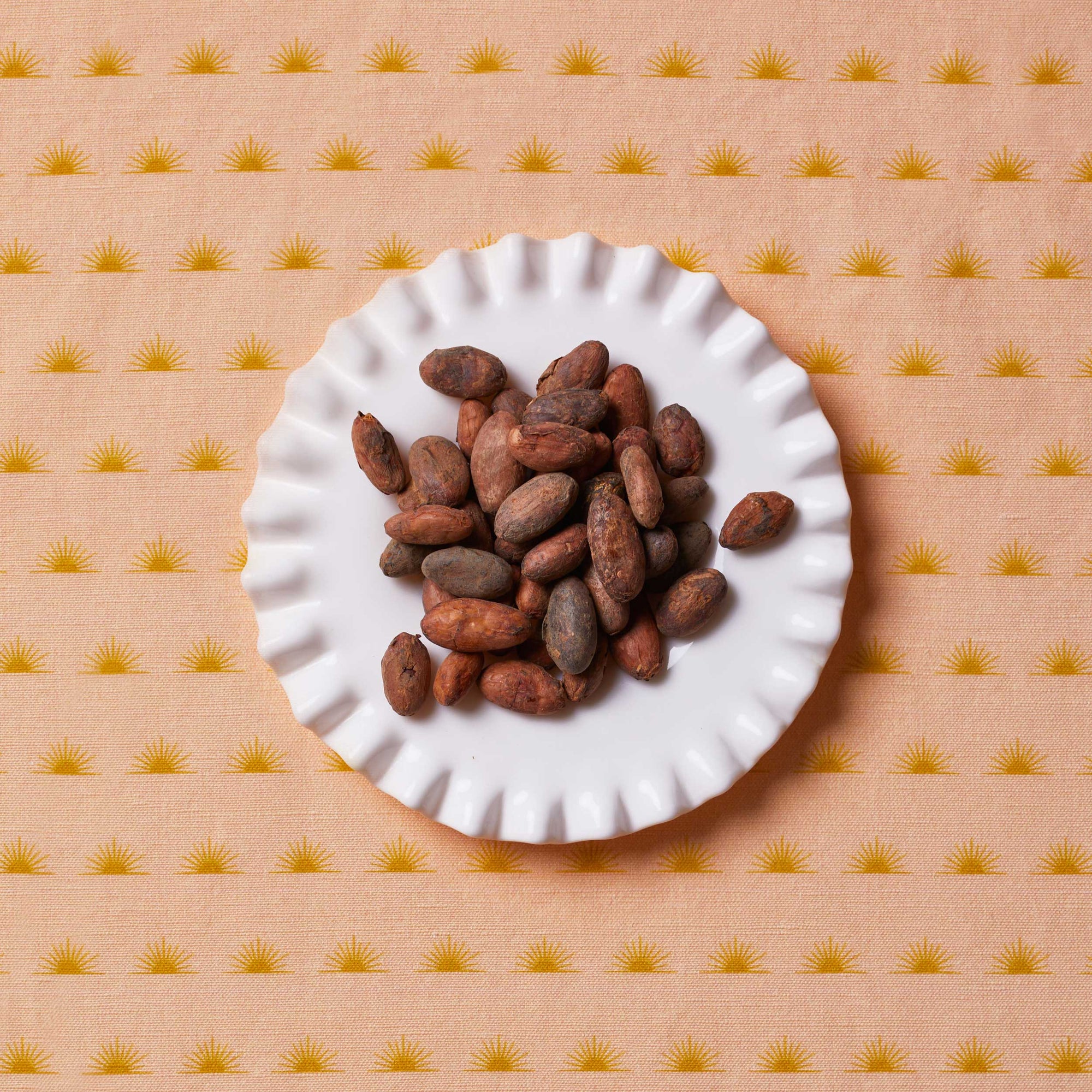 Cacao beans sitting on a white scalloped plate on a patterned tablecloth