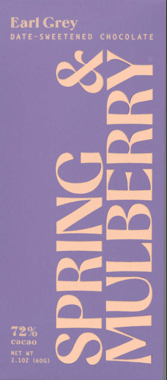 Purple packaging of Spring & Mulberry Earl Grey chocolate bar