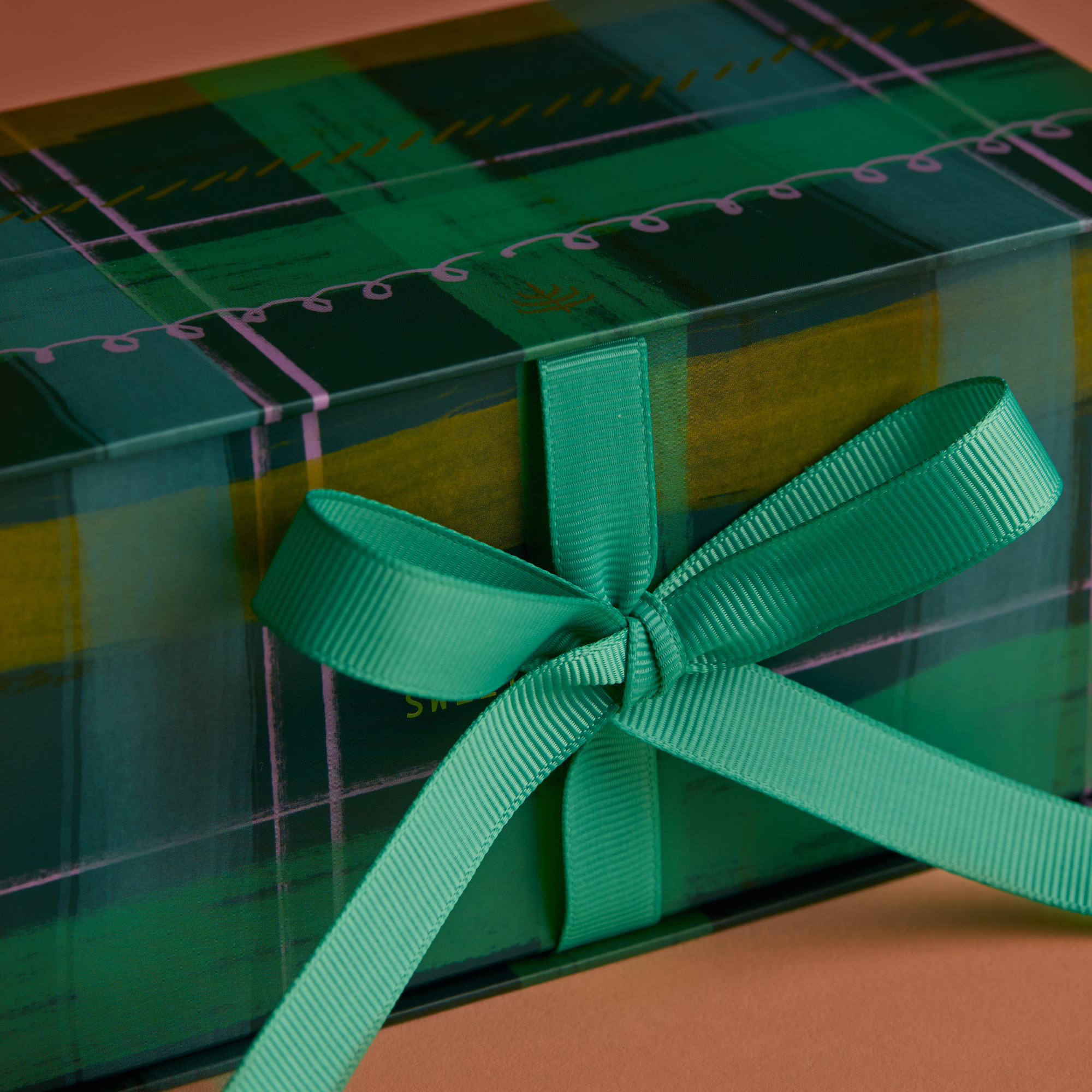 Close up of one gift box featuring a watercolor plaid motif in a blue hue with coordinating green ribbon that is tied in a bow sitting on a warm brown background. 