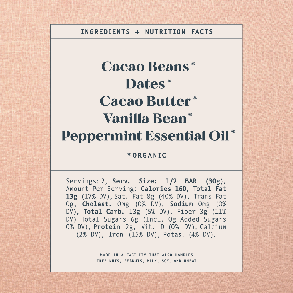 List of ingredients and nutrition facts on a warm brown background. Ingredients list contains: Cacao Beans*, Dates*, Cacao Butter*, Vanilla Bean*, Peppermint Essential Oil*. Astricts indicate organic products. Made in a facility that also handles tree nuts, peanuts, milk, soy and wheat.