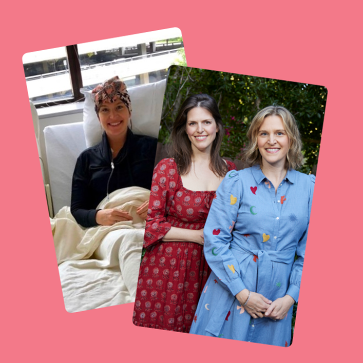 Two Pictures: 

1 - Founder in hospital bed
2 - The two founders of Spring & Mulberry