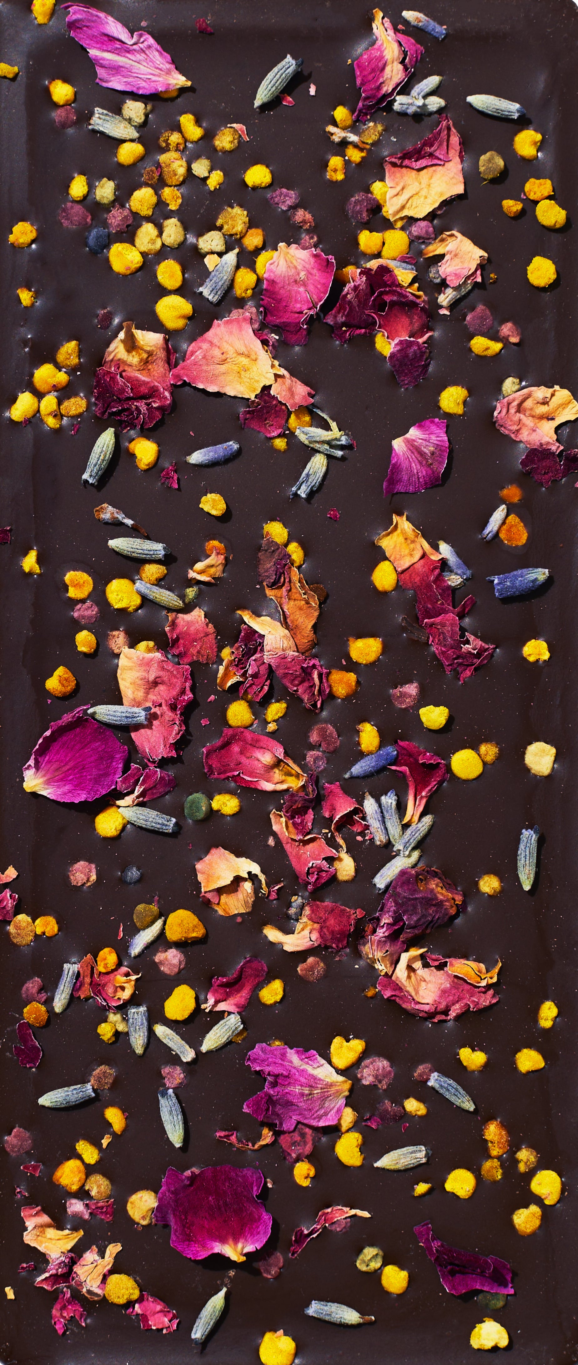 Spring & Mulberry Lavender Rose Chocolate Bar topped with Bee Pollen, Rose Petals and Lavender