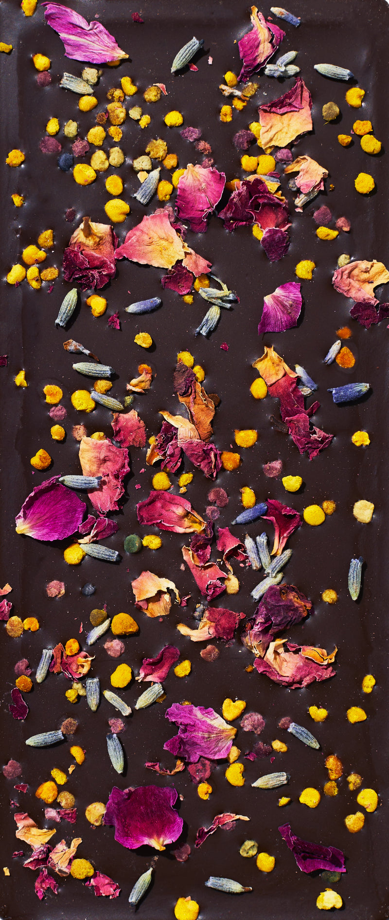 Spring & Mulberry Lavender Rose Chocolate Bar topped with Bee Pollen, Rose Petals and Lavender