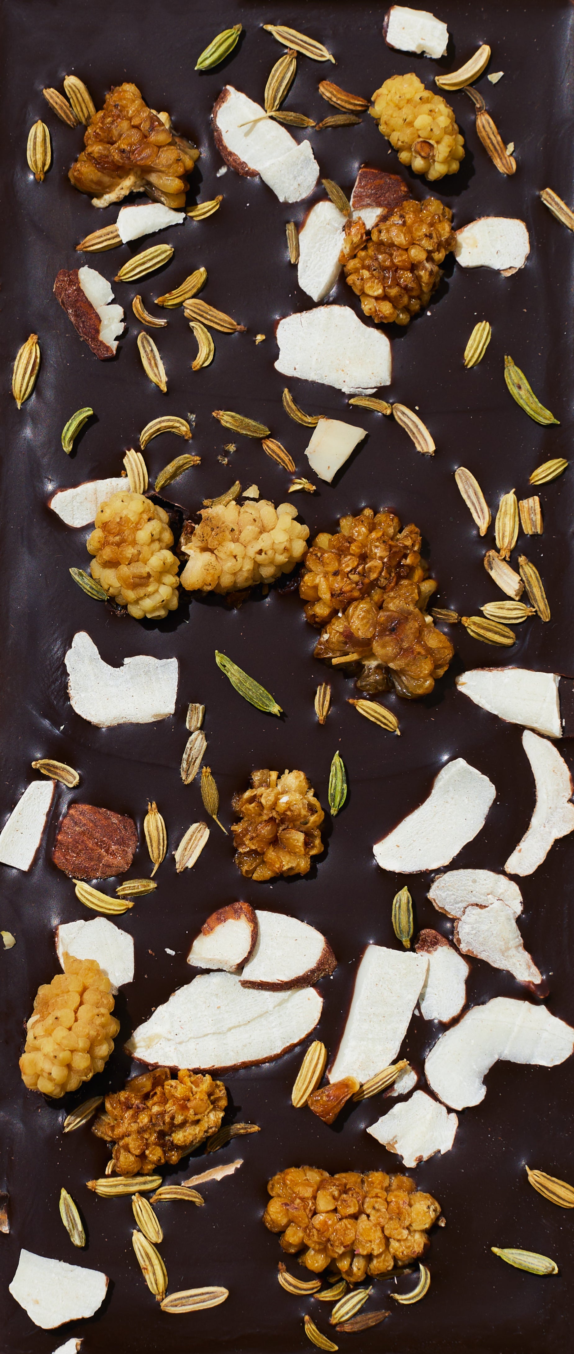 Spring and Mulberry, Mulberry Fennel Chocolate Bar topped with mulberries, sliced almonds and fennel