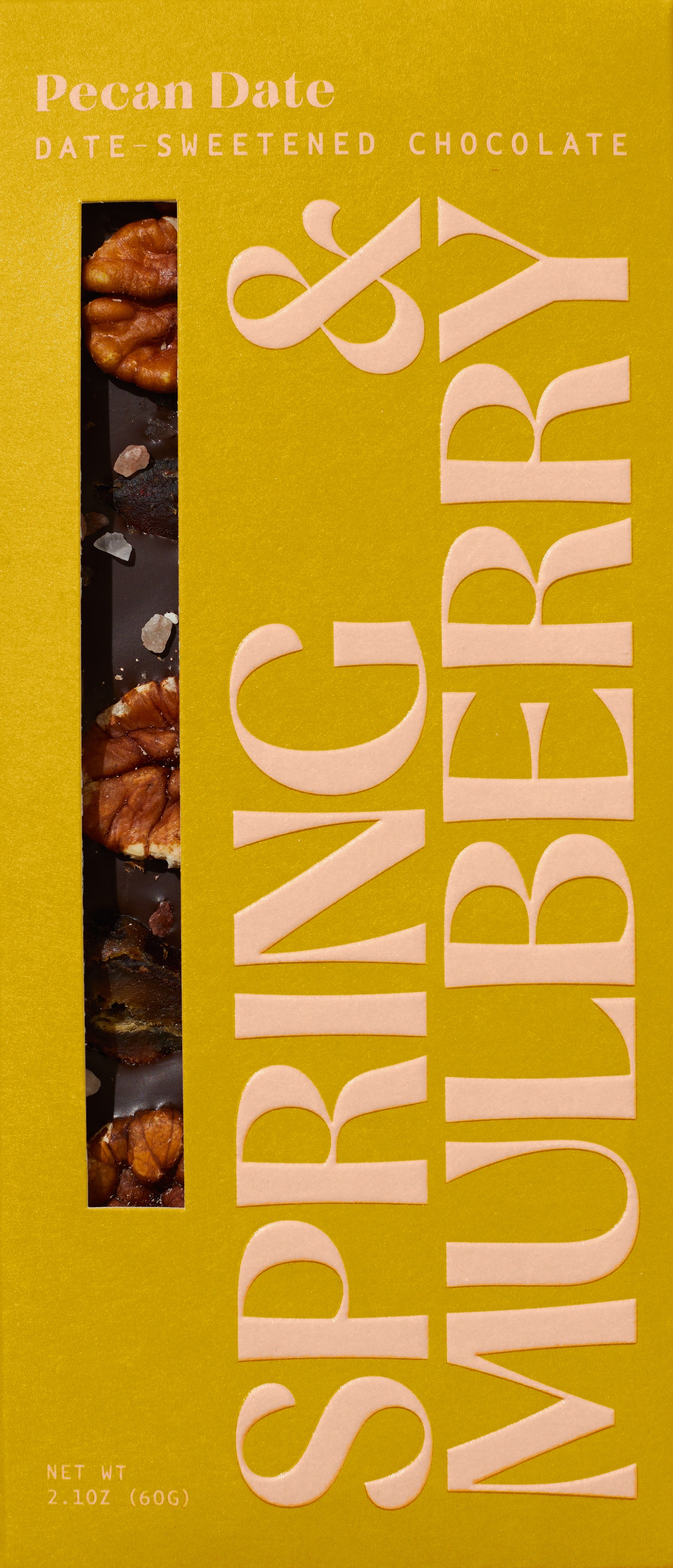 Spring & Mulberry Pecan Date Chocolate Bar in Yellow Box