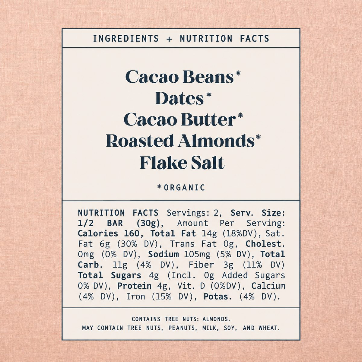 Spring & Mulberry Salted Almond chocolate bar ingredients and nutrition facts on a cream panel with navy lettering 