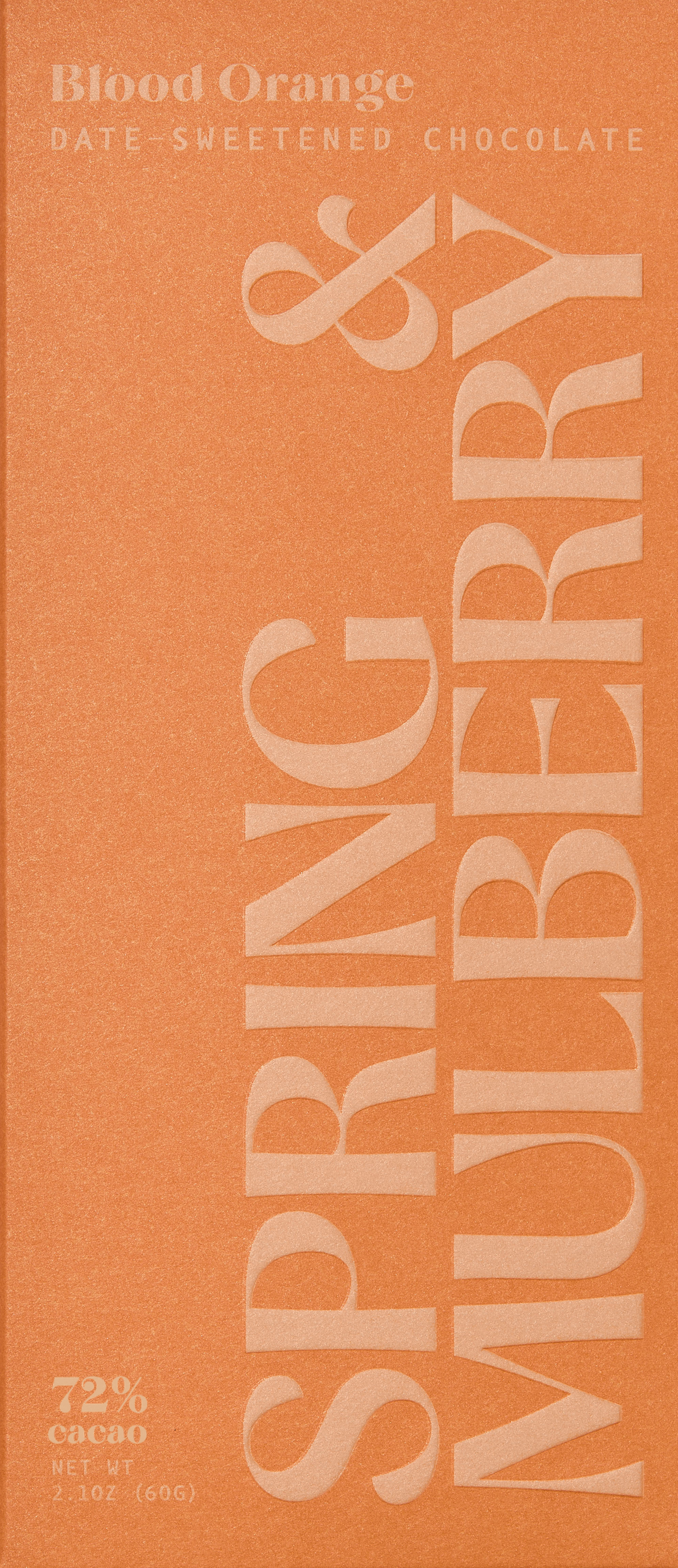 Spring & Mulberry Blood Orange date-sweetened dark chocolate bar, 72% cacao, orange packaging