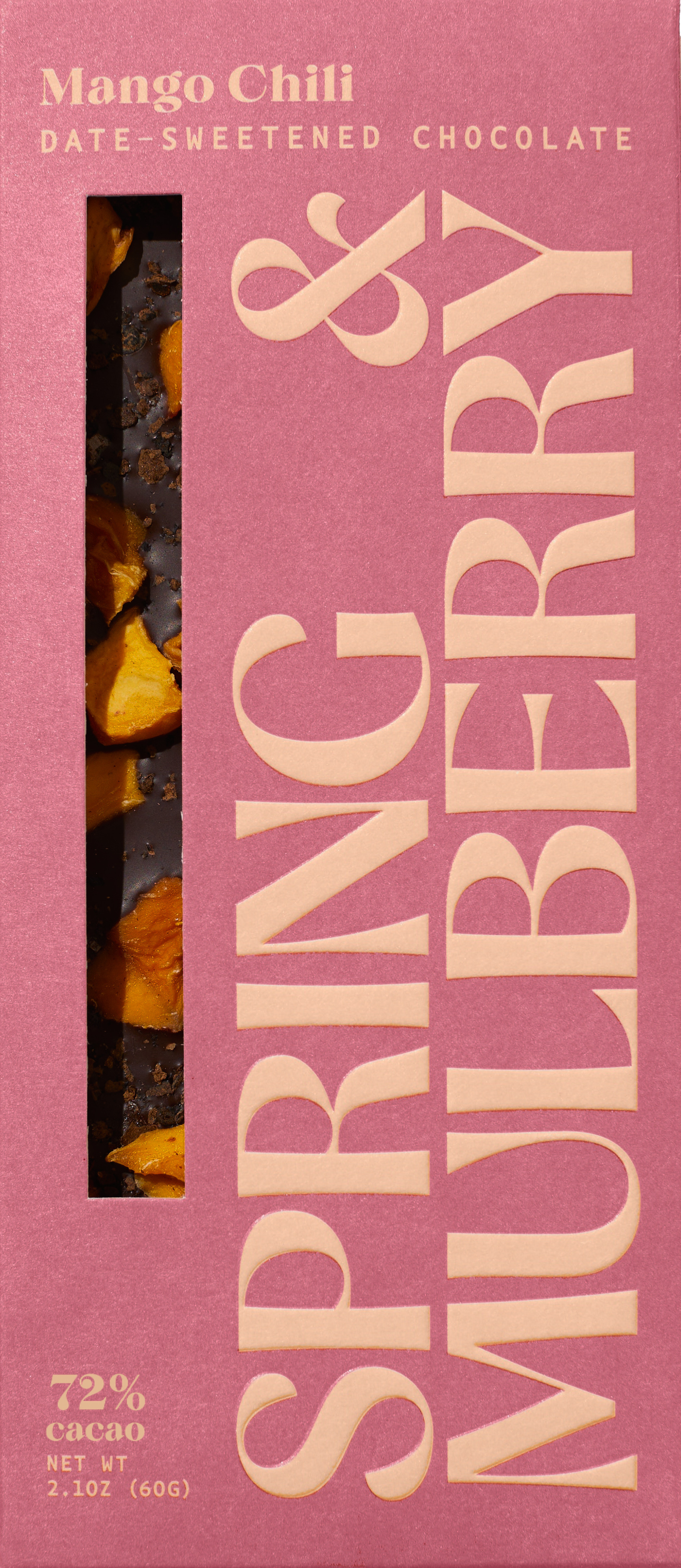 Spring & Mulberry Mango Chili date-sweetened dark chocolate bar, 72% cacao, in brick red packaging