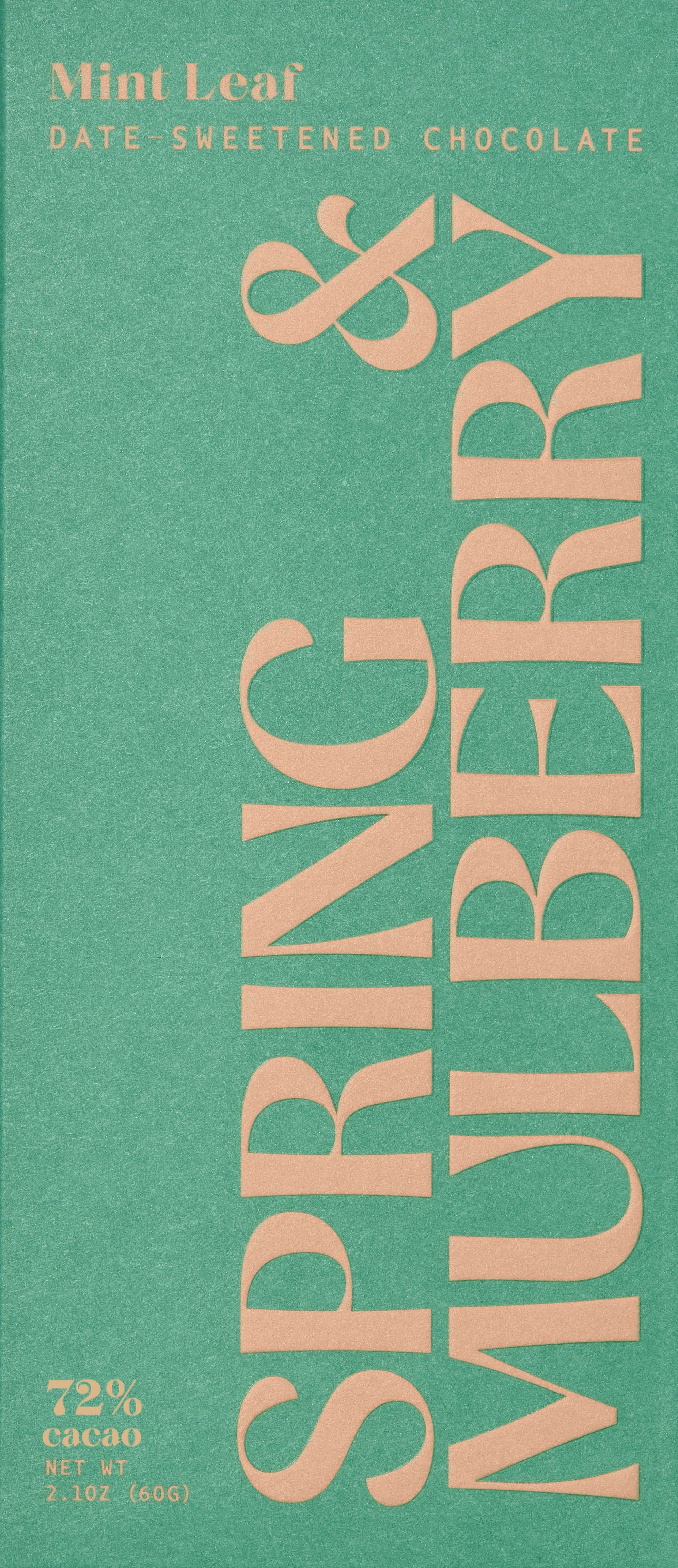Spring & Mulberry Mint Leaf date-sweetened dark chocolate bar, 72% cacao, mint colored packaging
