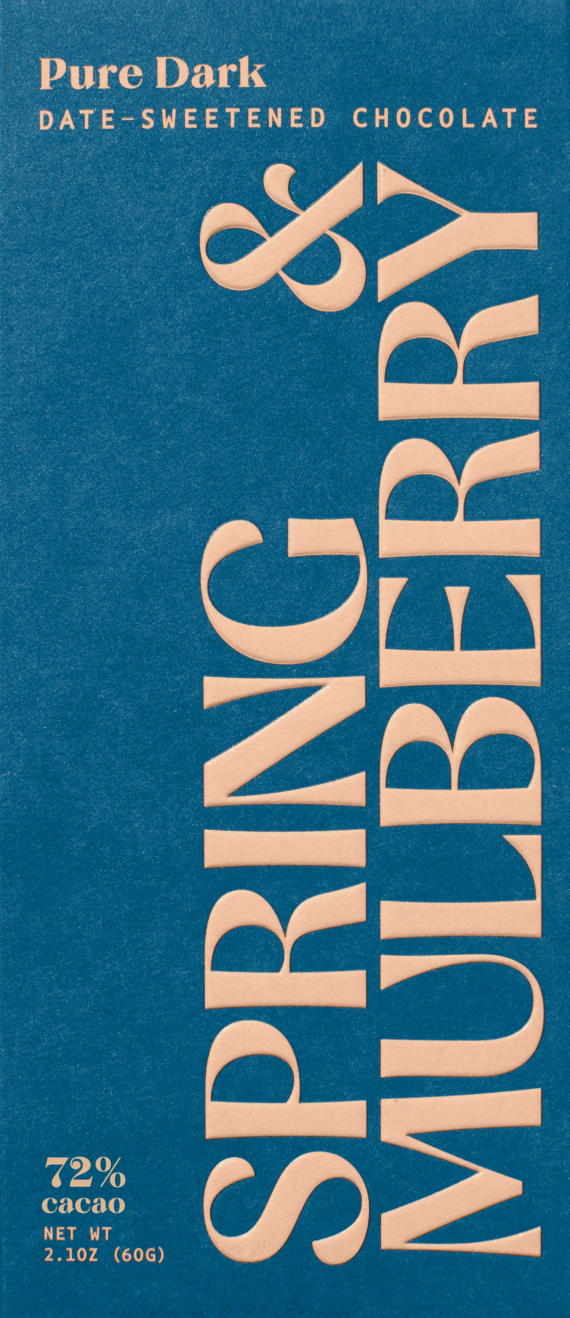 Spring & Mulberry Pure Dark date-sweetened dark chocolate bar, 72% cacao, in navy packaging