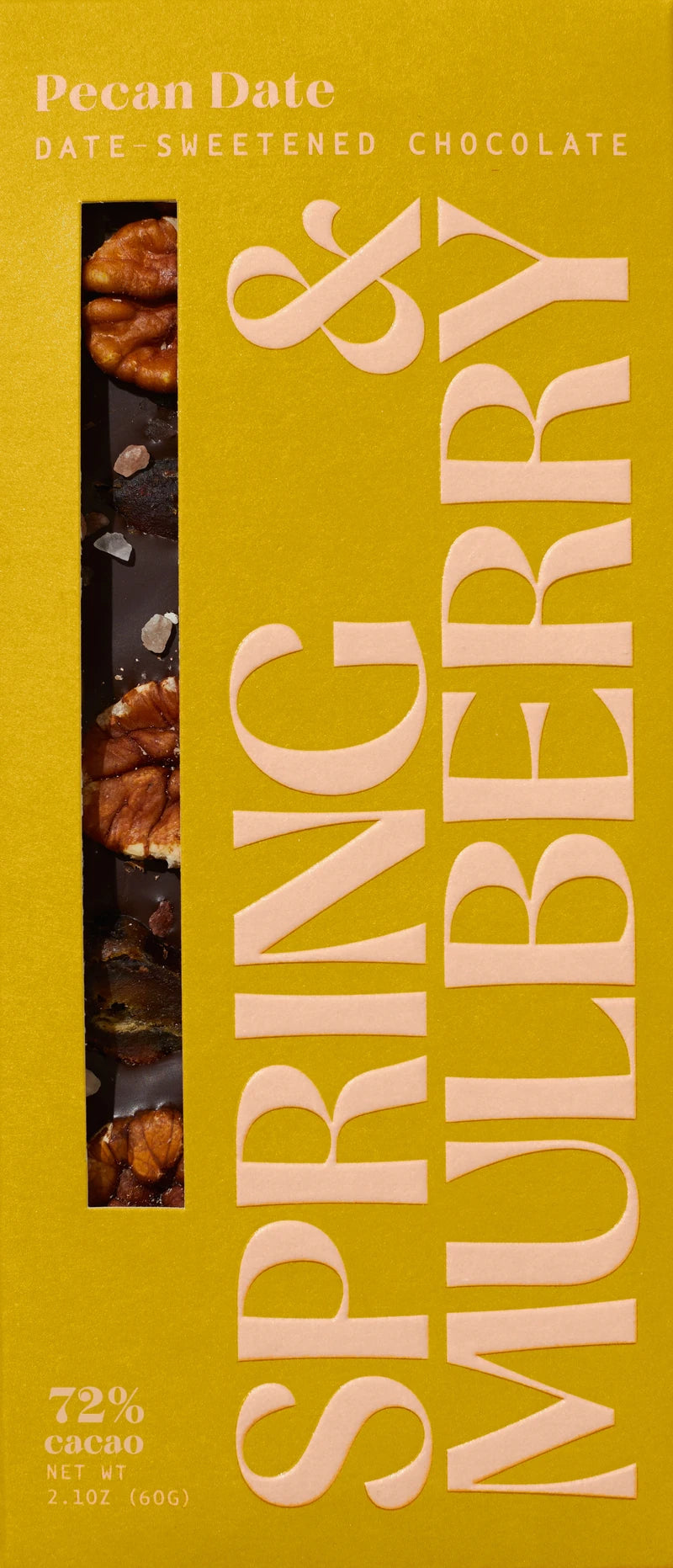 Spring & Mulberry Pecan Date 72% cacao dark chocolate bar in yellow packaging